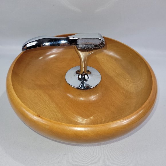 Nutcracker Vintage Wooden Bowl  10" Wood & Chrome Metal Nut Christmas Dish - Picture 1 of 3